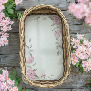 Panier à pain vintage Ricolor en formica et osier – décor liserons roses