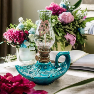 Lampe à huile vintage orientale en céramique turquoise – Turquie