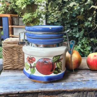 Bocal de conservation vintage en faïence fine – décor fleurs roses et pomme rouge