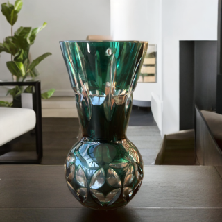 Petit vase Mid Century en cristal Val Saint Lambert vert émeraude double couche – Belgique années 50