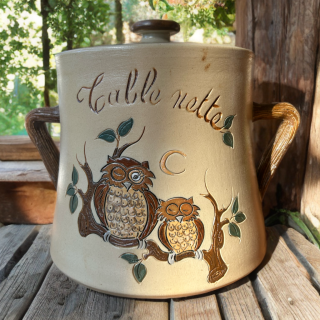 Poubelle de table vintage en grès Lardinois – Hiboux au clair de lune – Bouffioulx