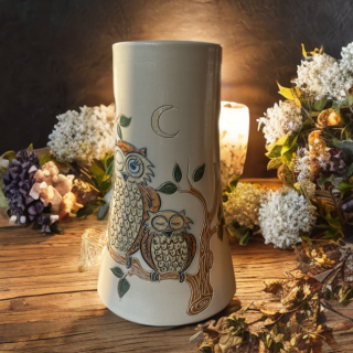 Grand vase vintage en grès Lardinois – Hiboux au clair de lune – Bouffioulx