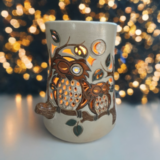Lampe vintage en grès Lardinois – Hiboux au clair de lune – Bouffioulx