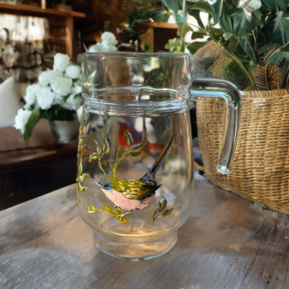 Cruche vintage Luminarc en verre avec décor oiseaux colorés – France années 60