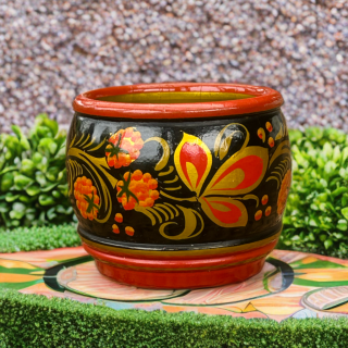 Petit pot vintage en bois peint main décor fraises style Khokhloma (russe)